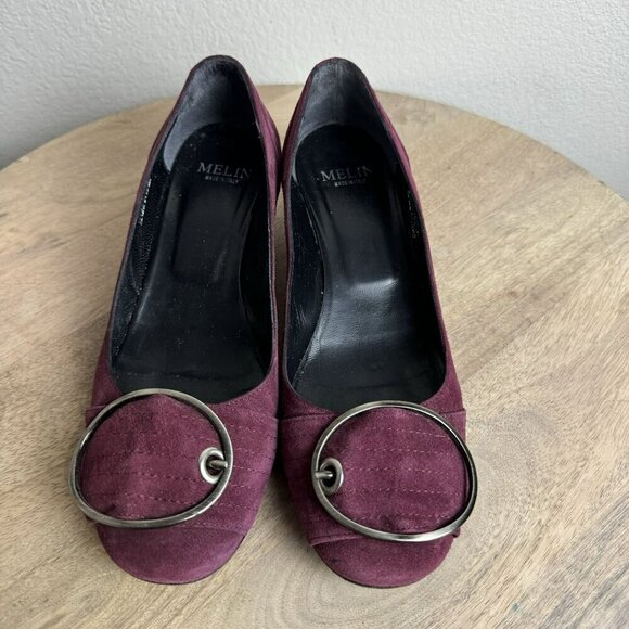 Melin Made In Italy Leather Lined Suede Kitten Heels Size 37 - Maroon Buckle Y2K - Picture 2 of 11